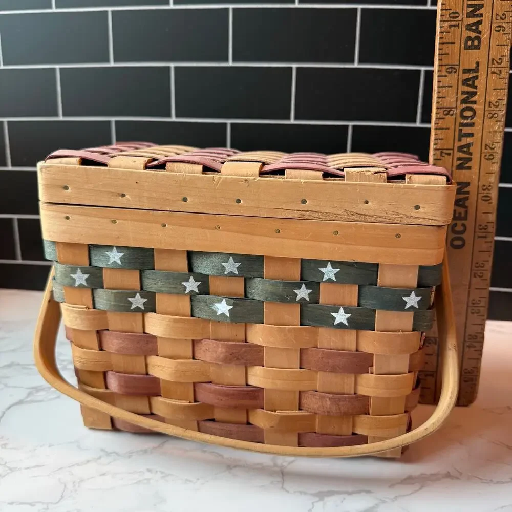 VTG Patriotic Stars Woven Wood Basket Lid Decor